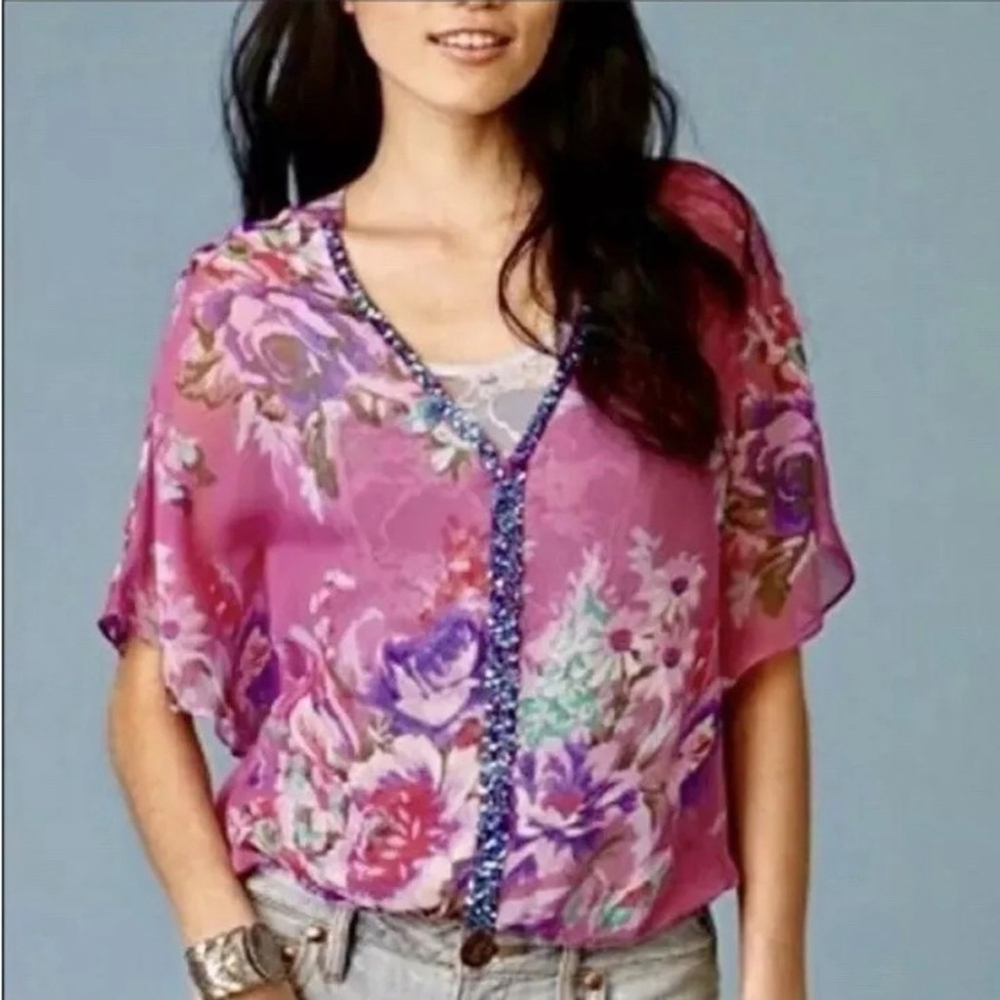 Free People Floral Embellished Sequins V-Neck Sheer Kimono Top